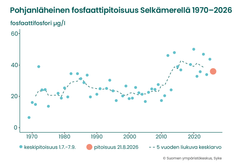Kuva 1. Pohjanläheisen veden fosfaattifosforipitoisuuden kehitys eteläisellä Selkämerellä (havaintoasema SR5). Fosfaattifosforin pitoisuus kasvoi 2010-luvun aikana merkittävästi, mutta viime vuosina trendi on tasaantunut.