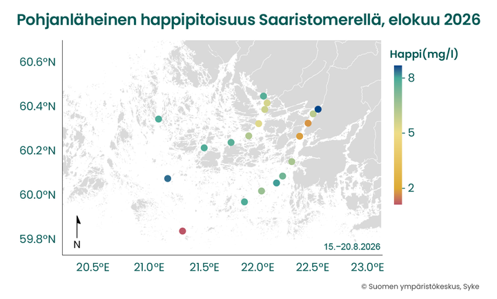 Saaristomeren%20rannikkoseurannassa%20mitattiin%20elokuussa%20muun%20muassa%20pohjanl%E4heisen%20veden%20happipitoisuutta.%20P%E4%E4osin%20happitilanne%20on%20ulkosaaristossa%20parempi%20kuin%20rannikon%20l%E4hell%E4.%20Ulkosaariston%20lounaisimman%20havaintopaikan%20matala%20happipitoisuus%20johtuu%20oletettavasti%20It%E4meren%20p%E4%E4altaalta%20virranneesta%20v%E4h%E4happisesta%20vedest%E4.