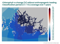The modelling shows that if all human-induced nutrient loads were eliminated from the Archipelago Sea catchment, the chlorophyll a concentration would change the most in the inner and middle archipelago. In outer sea areas, the impact would be smaller.