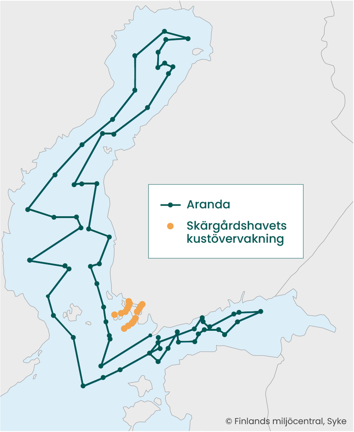 Arandas%20resa%20str%E4ckte%20sig%20fr%E5n%20Finska%20viken%20till%20de%20norra%20delarna%20av%20%D6stersj%F6ns%20huvudbass%E4ng%20och%20vidare%20till%20Bottniska%20viken.%20Kust%F6vervakningen%20genomf%F6rdes%20l%E4ngs%20linjer%20fr%E5n%20den%20inre%20sk%E4rg%E5rden%20till%20den%20yttre%20sk%E4rg%E5rden%20i%20Sk%E4rg%E5rdshavet.