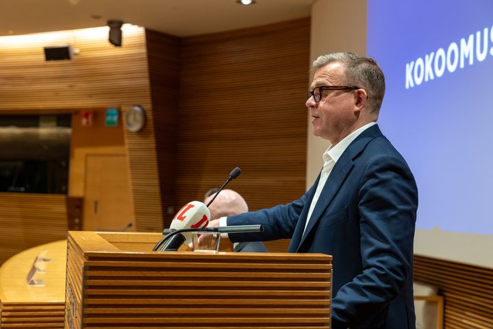Petteri Orpo puhui kokoomuksen puoluevaltuuston kokouksessa lauantaina Pikkuparlamentissa Helsingissä.