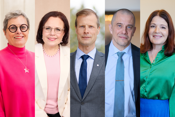 Maaret Castrén, Mia Laiho, Oskari Valtola, Ville Väyrynen ja Sari Sarkomaa.