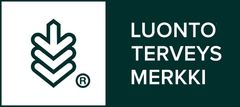Logo, jossa on tyylitelty lehti ja teksti "Luonto Terveys Merkki".