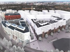 Postinkulku rakentuu Firan kehittämään kortteliin (kuvassa oikealla). Vasemmalla Firan kehittämä ja rakentama, jo valmistunut kortteli. Kuva: Arkkitehtitoimisto Kanttia2