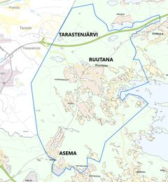 Ruutanan-Tarastenjärven-Aseman alueen kaavarajaus opaskartalla.