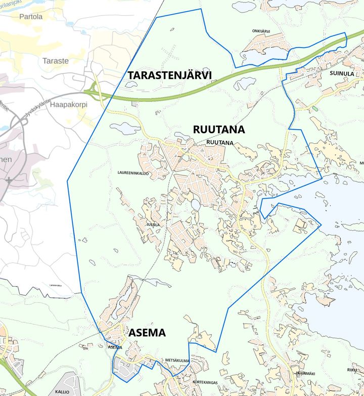Ruutanan-Tarastenjärven-Aseman alueen kaavarajaus opaskartalla.