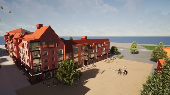Havainnekuva Lamminrahkan torin laidalle rakentuvasta korttelista 1527. Kuva: Kymppirakenne Oy ja Ekman Arkkitehdit Oy.