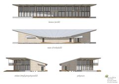 Tori-paviljongin julkisivunäkymä eri ilmansuunnista.