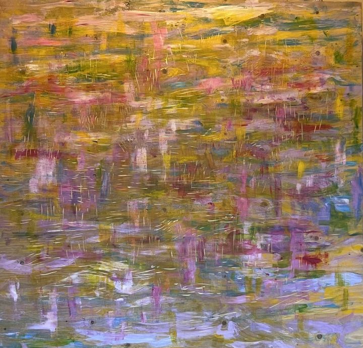 Hanna Rissanen: Päivän matka, 2024. Akryyli ja kaiverrus puulle, 120 x 123 cm.