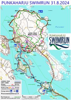 Alustava reittikartta Punkaharju Swimrun- ja Run Forest Run -tapahtumiin. Muutokset mahdollisia.