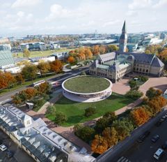 Kansallismuseon historiallinen päärakennus ja laajennusosan maanpäällinen osa.