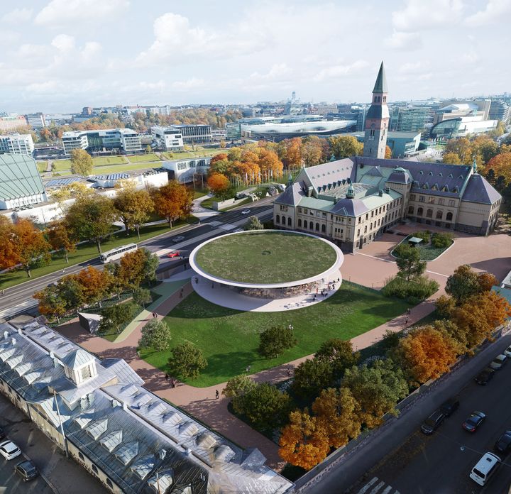 Kansallismuseon historiallinen päärakennus ja laajennusosan maanpäällinen osa.