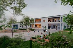 Vantaan kaupungille rakennettavan Sammakkolammen hirsipäiväkodin havainnekuva.