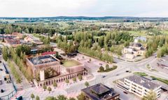 Kurikan uuden kulttuuri- ja kaupungintalon arkkitehtuurikilpailun voittajaehdotus Arcadia istutettuna kuvaan Kurikan keskustasta.