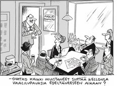 Nimimerkillä Jari työskennellyt Jari Elsilä teki pilapiirroksia Kalevaan. Tämä kuvitus julkaistiin Kalevassa 30.10.2012.