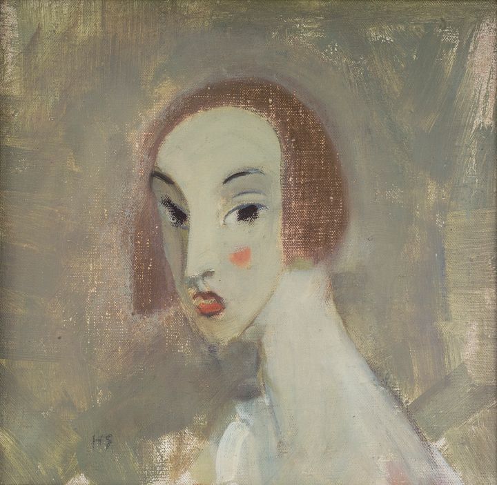 Helene Schjerfbeck, Elegantti nainen (Dora), n. 1928, öljy kankaalle, 37,5 x 38,5 cm, Villa Gyllenberg / Signe ja Ane Gyllenbergin säätiö.