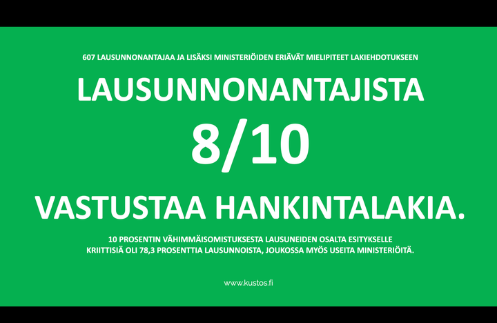 607 lausunnonantajaa ja lisäksi ministeriöiden eriävät mielipiteet lakiehdotukseen
lausunnonantajista. 8/10
vastustaa hankintalakia. 10 prosentin vähimmäisomistuksesta lausuneiden osalta esitykselle
kriittisiä oli 78,3 prosenttia lausunnoista, joukossa myös useita ministeriöitä.