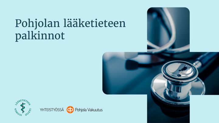 Vaaleasininen banneri, jossa lukee tummansinisellä teksti "Pohjolan lääketieteen palkinnot". Bannerin oikeassa reunassa on ristin muotoon upotettu valokuva stetoskoopista.