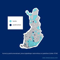 Suomen kartta, johon on merkittynä kunnat ja postinumeroalueet, joissa työpaikkojen radonmittaus on pakollinen.