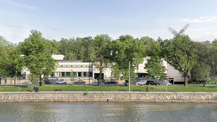 Havainnekuva Wäino Aaltosen museosta uudistuksen jälkeen. Uudisosa pilkistää kuvan oikeassa reunassa.
