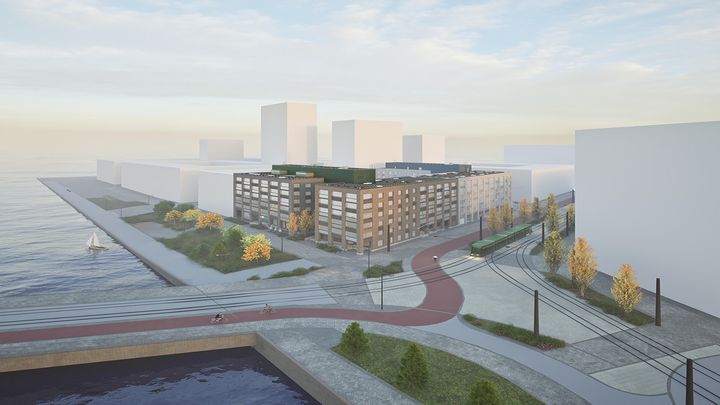 Havainnekuva. Kohteiden vieressä kulkee uusi Finkensilta, joka yhdistää alueen Korkeasaareen.