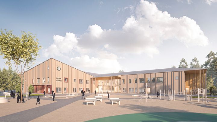 Havainnekuva kaksikerroksisesta koulurakennuksesta, joka tarjoaa muuntojoustavat tilat 450 oppilaalle ja palvelee samalla kuntalaisia monipuolisissa tarpeissa.