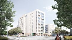 Havainnekuva. Vuosaarentien varteen sijoittuva korkeampi, kahdeksankerroksinen rakennus erottuu kaarevalla, päätietä mukailevalla muodollaan.