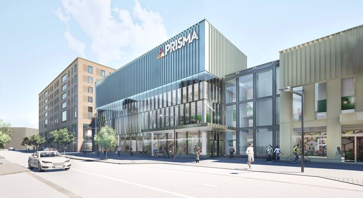 Havainnekuva Espooseen rakentuvasta Prismakeskuksesta. Rakennustyöt käynnistyvät helmikuussa 2026, ja kohde valmistuu vuoden 2028 aikana.