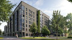 Havainnekuva. Ainolanhelmi liittyy luontevasti Ainolankorttelin aiemmin valmistuneiden naapuritalojen, Ainolankirsikan ja Ainolanpihan, pihapiiriin.