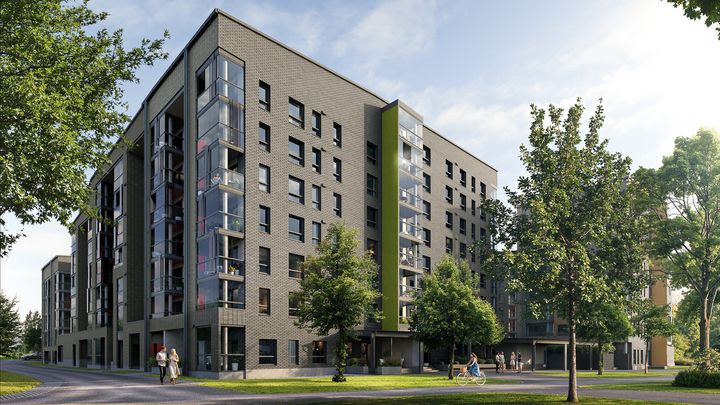 Havainnekuva. Ainolanhelmi liittyy luontevasti Ainolankorttelin aiemmin valmistuneiden naapuritalojen, Ainolankirsikan ja Ainolanpihan, pihapiiriin.