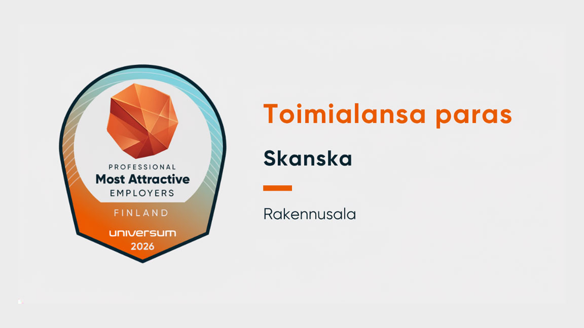 Skanska sijoittui rakennusalan houkuttelevimmaksi työnantajaksi tutkimuksessa