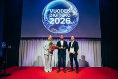 Yrityssarjan Vuoden digiteko 2026 on Aiforia® Create -työkalu. Kuvassa Kaisa Helminen, Thomas Rosqvist ja Yrjö Häme.