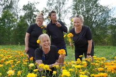 UniCafen henkilökuntaa Green City Farmin pellolla, kaikki hymyilevät ja pitävät kukkia käsissään.