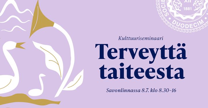 Graafinen kuva, jossa joutsen esittää nuottia ja kukka torvea. Tapahtuman nimi Terveyttä taiteesta kirjailtuna.