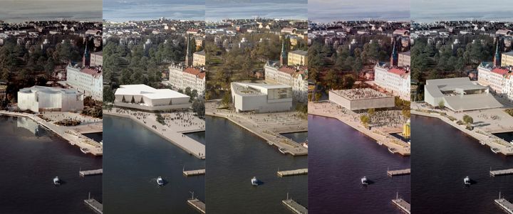 Uuden arkkitehtuuri- ja designmuseon suunnittelukilpailun toisen vaiheen ehdotukset: City, Sky and Sea (vas.), Kumma, Moby, Tau ja Tyrsky.