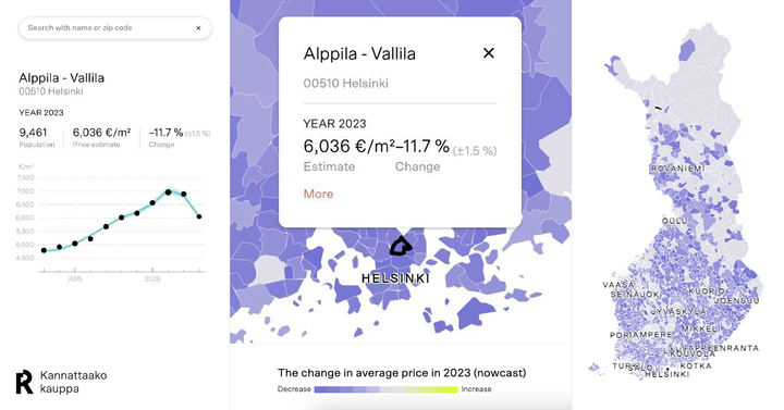 Kartta näyttää, miten karusti asuntojen hinnat laskivat lähes koko Suomessa. Kuva: Kannattaako kauppa -palvelu