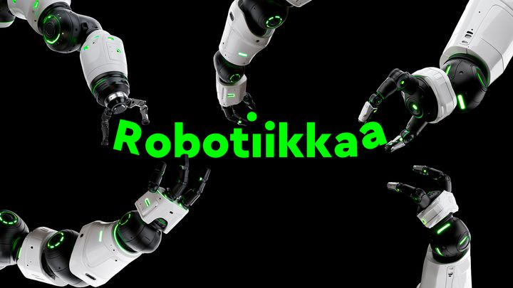 Robottikäsiä mustalla taustalla, keskellä vihreä teksti "Robotiikkaa".