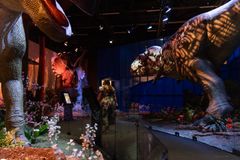 Näyttelyssä kaksi suurta dinosaurusrobottia, joita ympäröi kukkaistutuksia ja kävelyreitti.