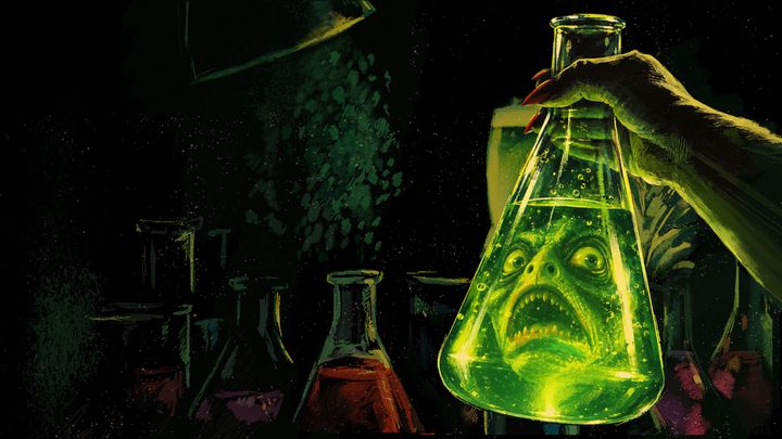 Vihreänä hohtavassa laboratoriopullossa näkyy pelokas liskohahmo.