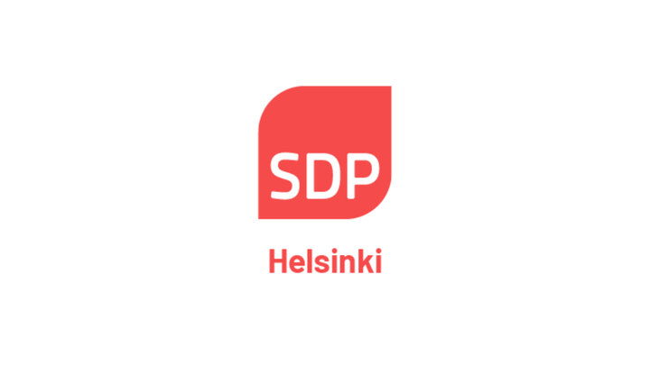 SDP:n Helsingin piirin logo. Punainen sosialidemokraattisen puolueen logo, jonka alla Helsinki-teksti.