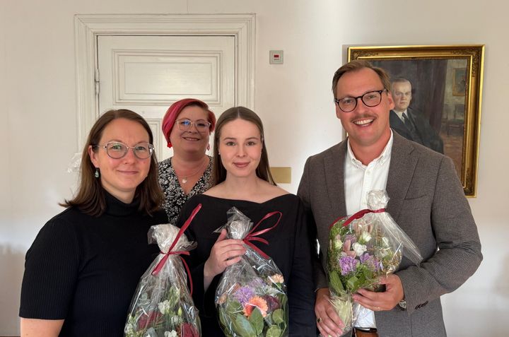 Puheenjohtajisto vasemmalta oikealle: Minna Salminen (2. vpj), Jenni Hjelt (3. vpj), Elisa Gebhard (pj) ja Niilo Toivonen (1. vpj)