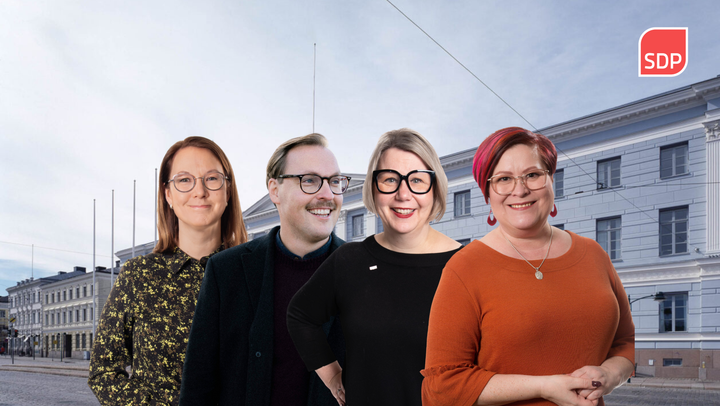 SDP Helsingin neuvotteluryhmä vasemmalta oikealle: Minna Salminen, Niilo Toivonen, Johanna Laisaari ja Jenni Hjelt
