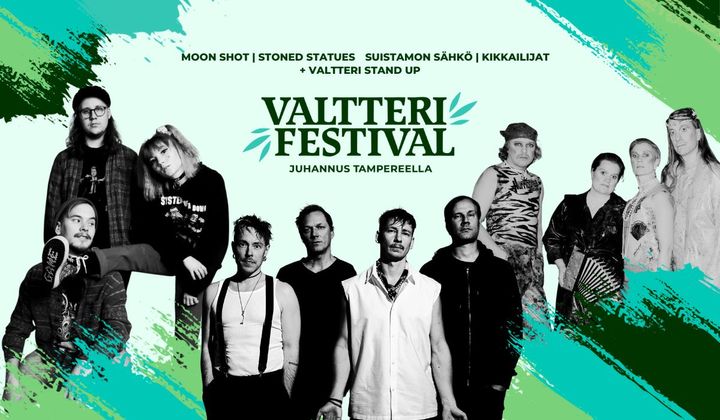 Vihreäsävyinen kollaasi, jonka keskellä on mustavalkoiset valokuvat Moon Shotin, Stoned Statuesin ja Suistamon Sähkön jäsenistä. Yläreunassa lukee teksti "Valtteri Festival" ja lista tapahtuman esiintyjistä.