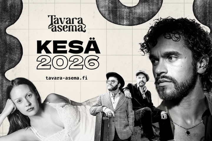 Vaalean ja tumman sävyinen banneri, jossa graafisia elementtejä ja Tavara-aseman logo. Keskellä teksti "Kesä 2026". Etualalla mustavalkoiset valokuvat pehmoainosta, Pete Parkkosesta sekä Tuure Kilpeläisestä ja Knucklebone Oscarista.