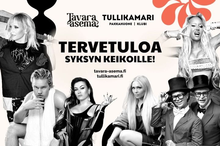 Vaalealla pohjalla mustavalkoiset valokuvat artisteista: Maija Vilkkumaa, Benjamin, BESS, VIIVI, Sami Sykkö, Jorma Uotinen ja OLGA. Keskellä Tavara-aseman ja Tullikamarin logot sekä teksti "Tervetuloa syksyn keikoille".