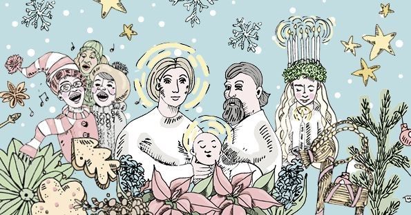 Kuvituskuvassa on piirrettynä joulun pyhä perhe, laulajia, Lucia-neito ja joulukoristeita.