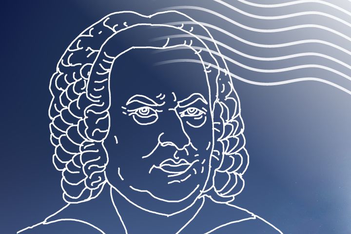 Illustration av J.S Bachs porträtt i vitt på blå bakgrund.