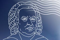 Illustration i vitt av J.S. Bachs poträtt på blå botten.