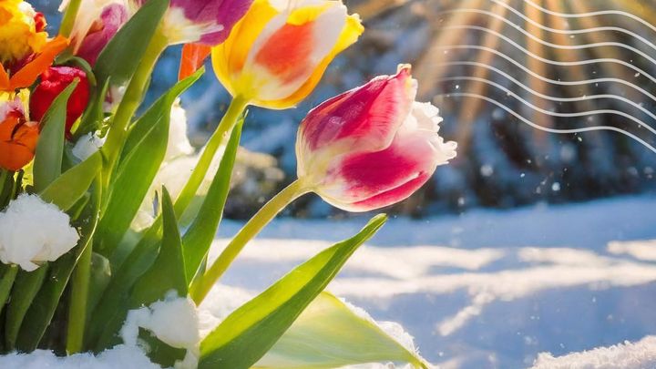 Pääsiäiskuvassa kukkivat moniväriset tulppaanit hangella kevätauringon valossa.