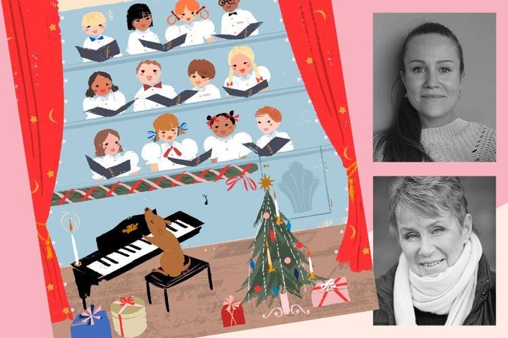 En färggrann illustration ev en sjungande kör och två infällda foton i svartvitt på två kvinnor.